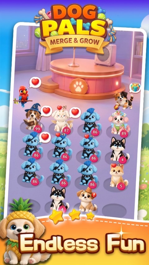 Indoor stage with evolved puppy characters