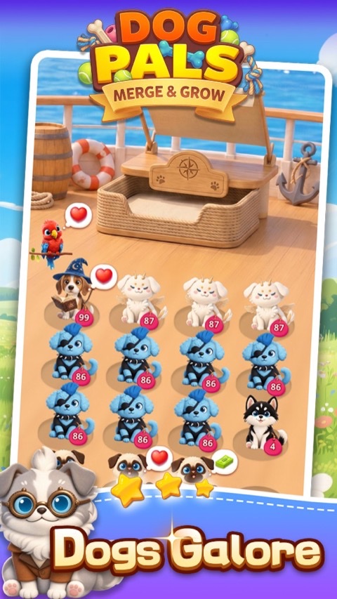 Ship deck with diverse puppy collection